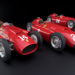 CMC Lucky Set 1956 “Collins”: CMC Ferrari D50 GP France, #14, Collins + CMC Ferrari D50 “longnose”, GP Germany ,#2 ,Collins + CMC Ferrari D50 GP Italy, #26, Collins/Fangio + showcase + Figurine